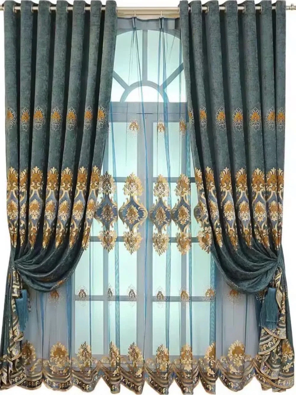 Luxury Gold Embroidered 3-Piece Curtain Set